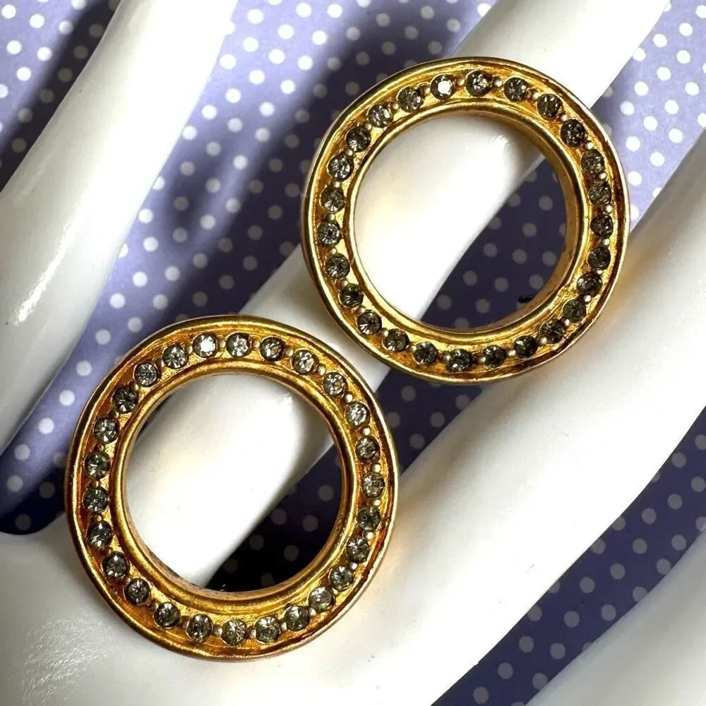 Gold tone rhinestone open circle earrings